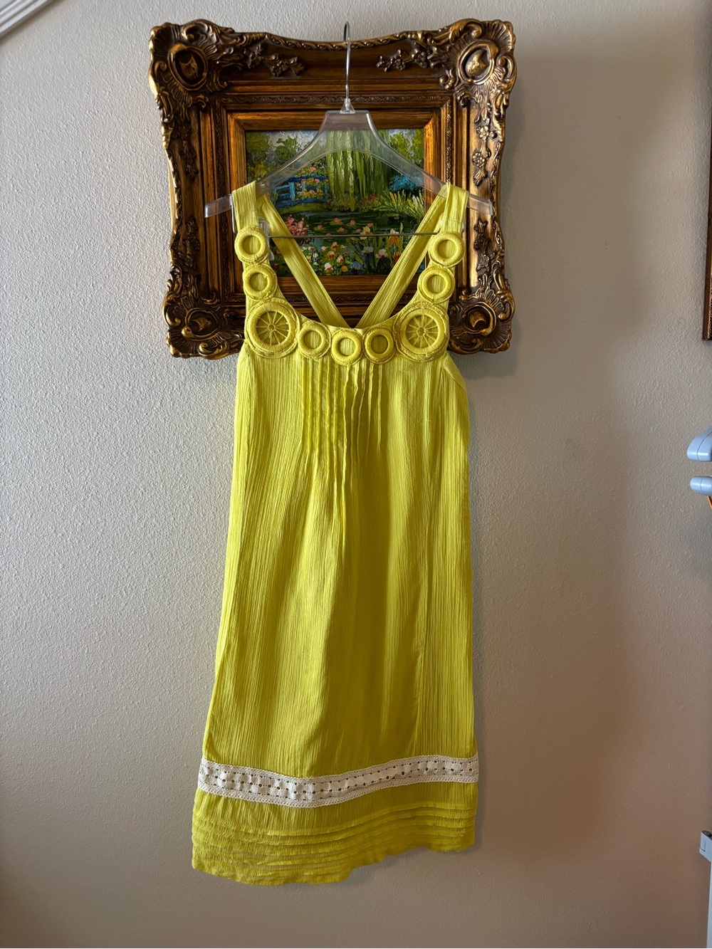 Anthropologie Edmé & Esyllte Chartreuse Cotton Sun Dress w/ Crochet Hem & Trim